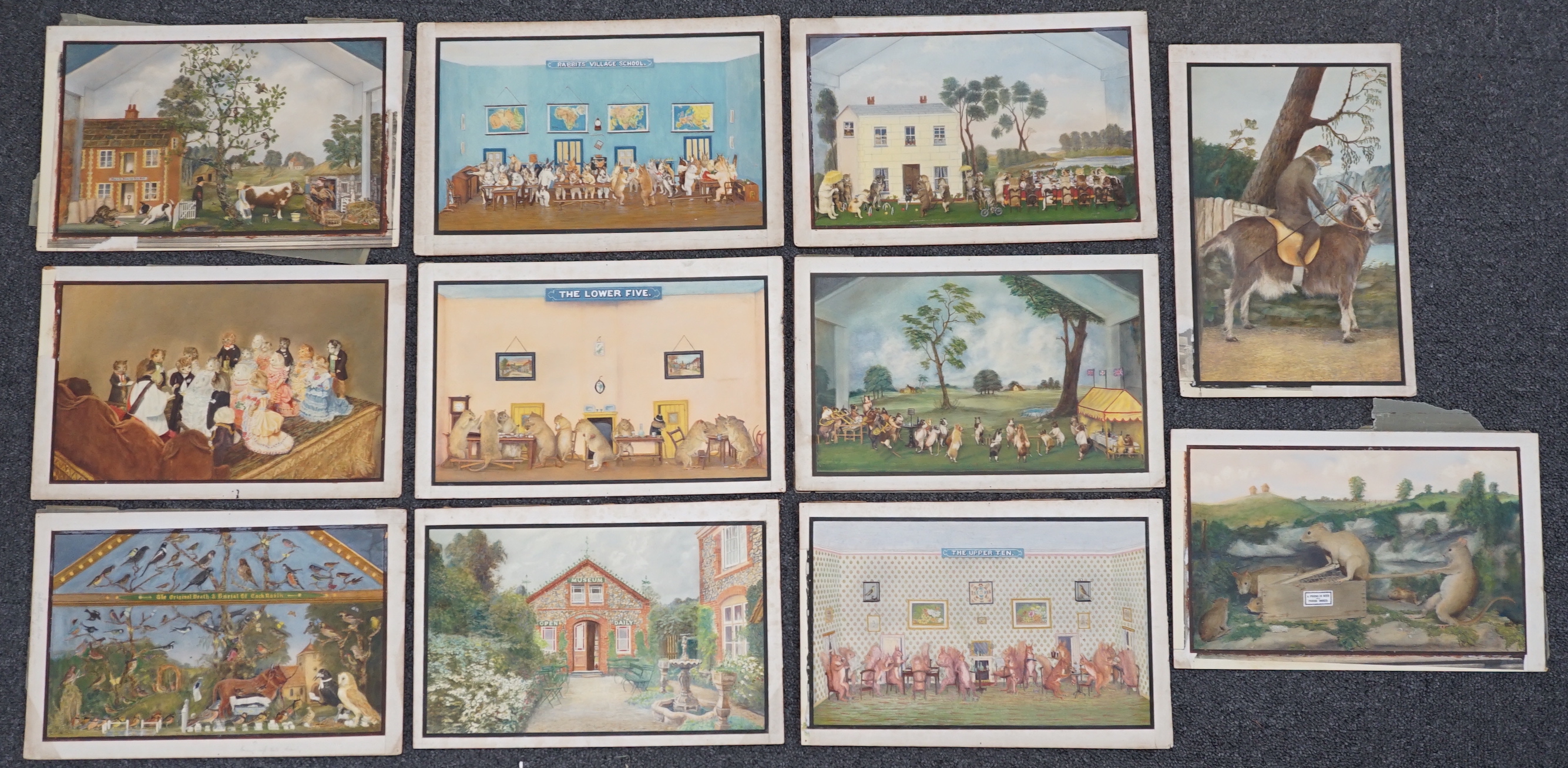 1930's English School, a set of 11 watercolours, Potter's Museum of Taxidermy, Bramber, Sussex, produced as designs for postcards, unsigned, 18 x 27cm, unframed